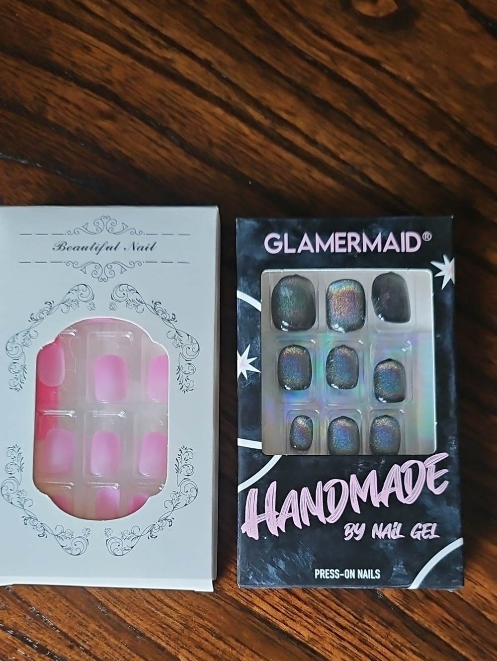 Handmade Press-On Nails - Iridescent Black And Baby Pink Sets